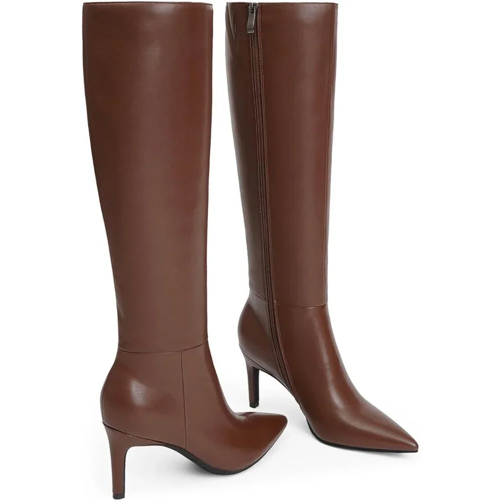 🆕Women Brown Faux Leather Pointed Toe Tall Stiletto Heel Zipper Dress Boots